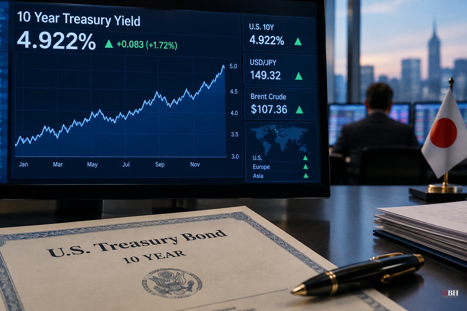 10-Year Treasury Yield Hits 4.92%, Matching Post-Pandemic Highs, as Japan Sells Bonds and Oil Tops $107