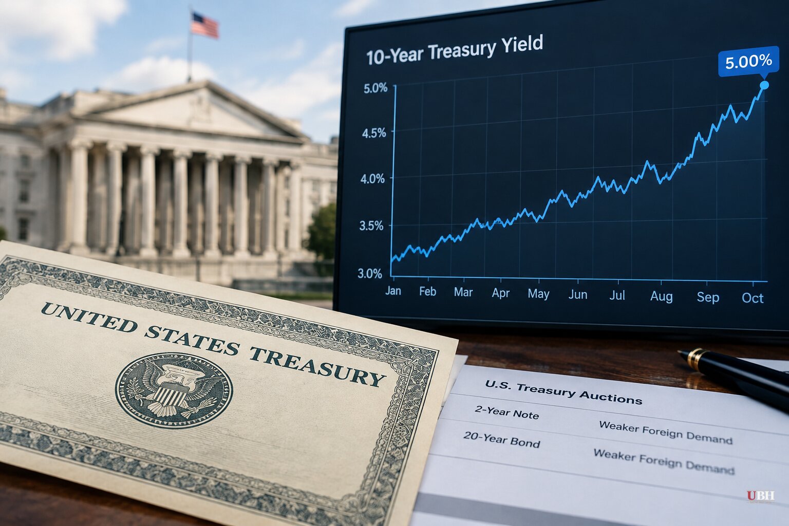 10-Year Treasury Yield Hits 5% as Foreign Buyers Pull Back From Two-Year and 20-Year Auctions