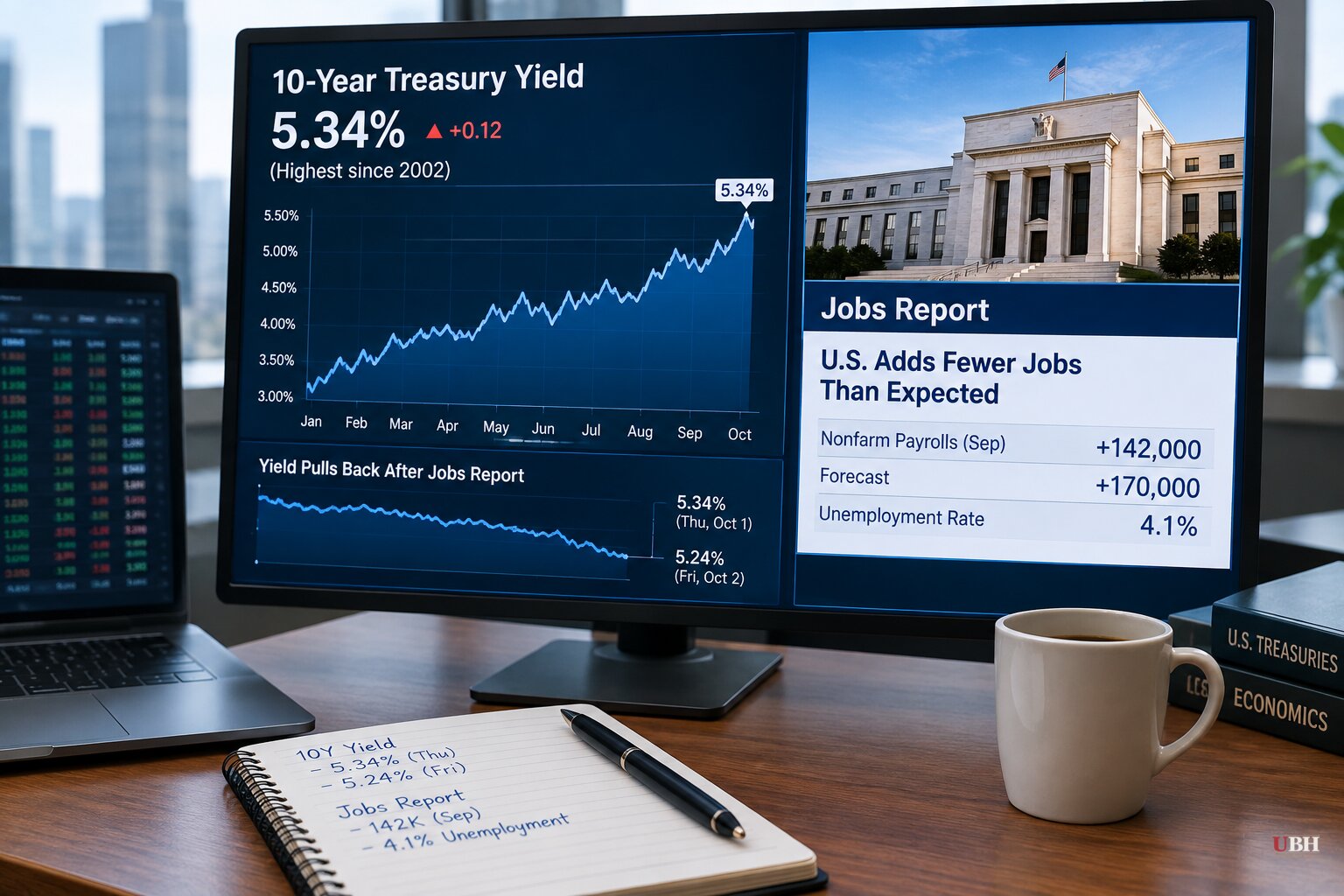 10-Year Treasury Yield Hits 5.34%, Highest Since 2002, Then Pulls Back on Weak Jobs Report