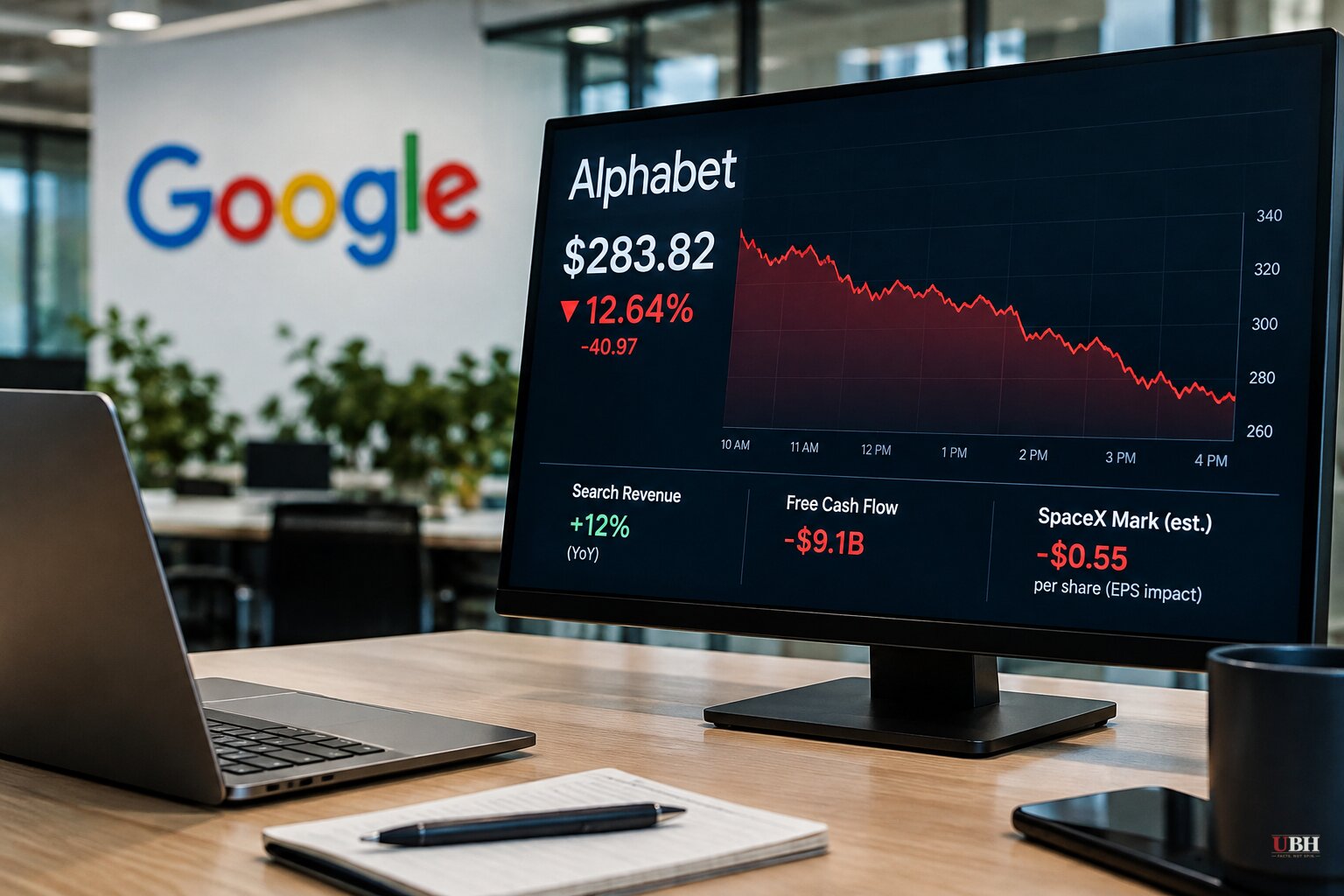 Alphabet Closes Down 12.6% at $283.82 After Earnings, With Search Growth at 12% and a SpaceX Mark Cutting EPS 55 Cents