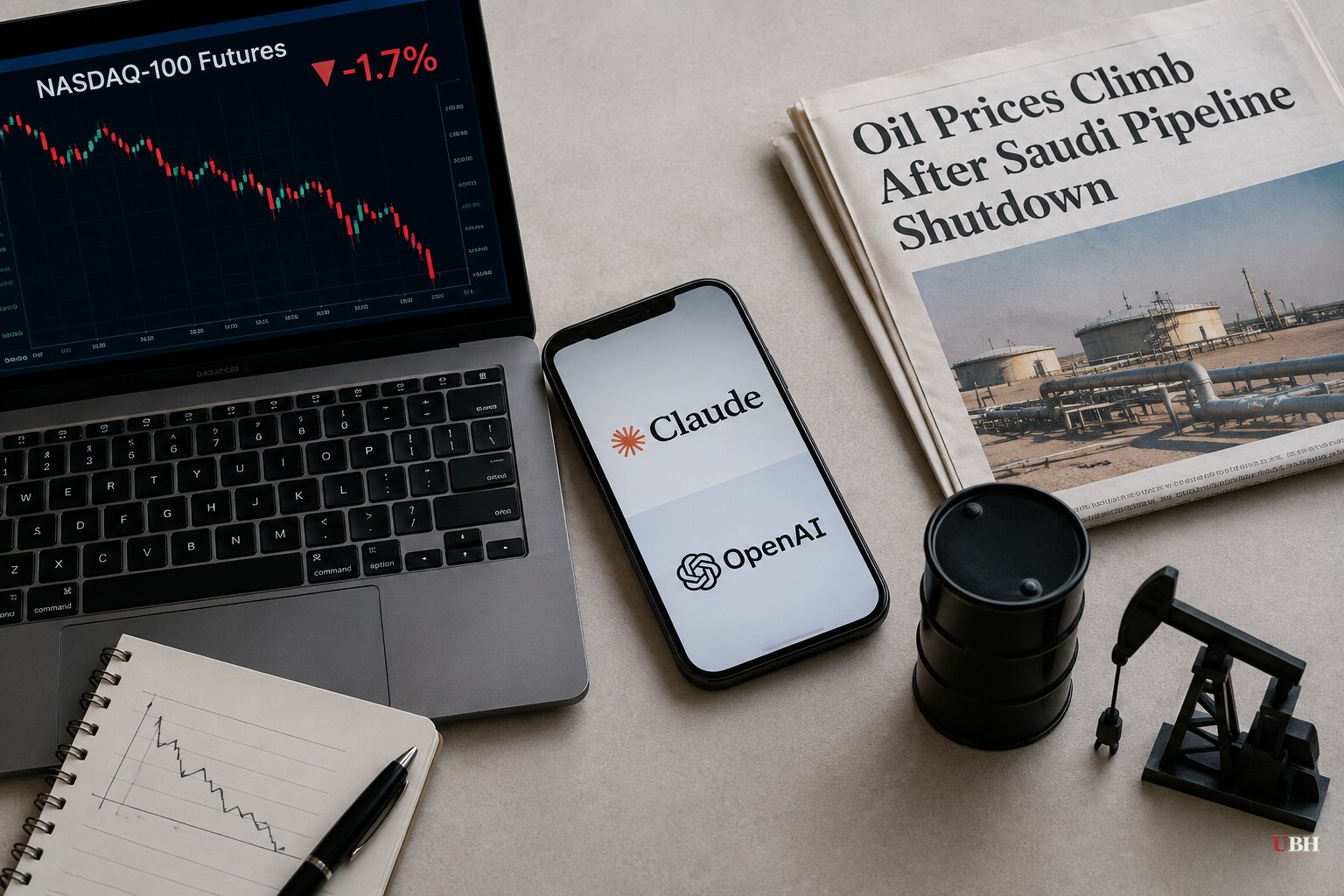 Anthropic and OpenAI's AI Slowdown Calls Hit Tech Futures as Saudi Pipeline Shutdown Pushes Oil Past $104