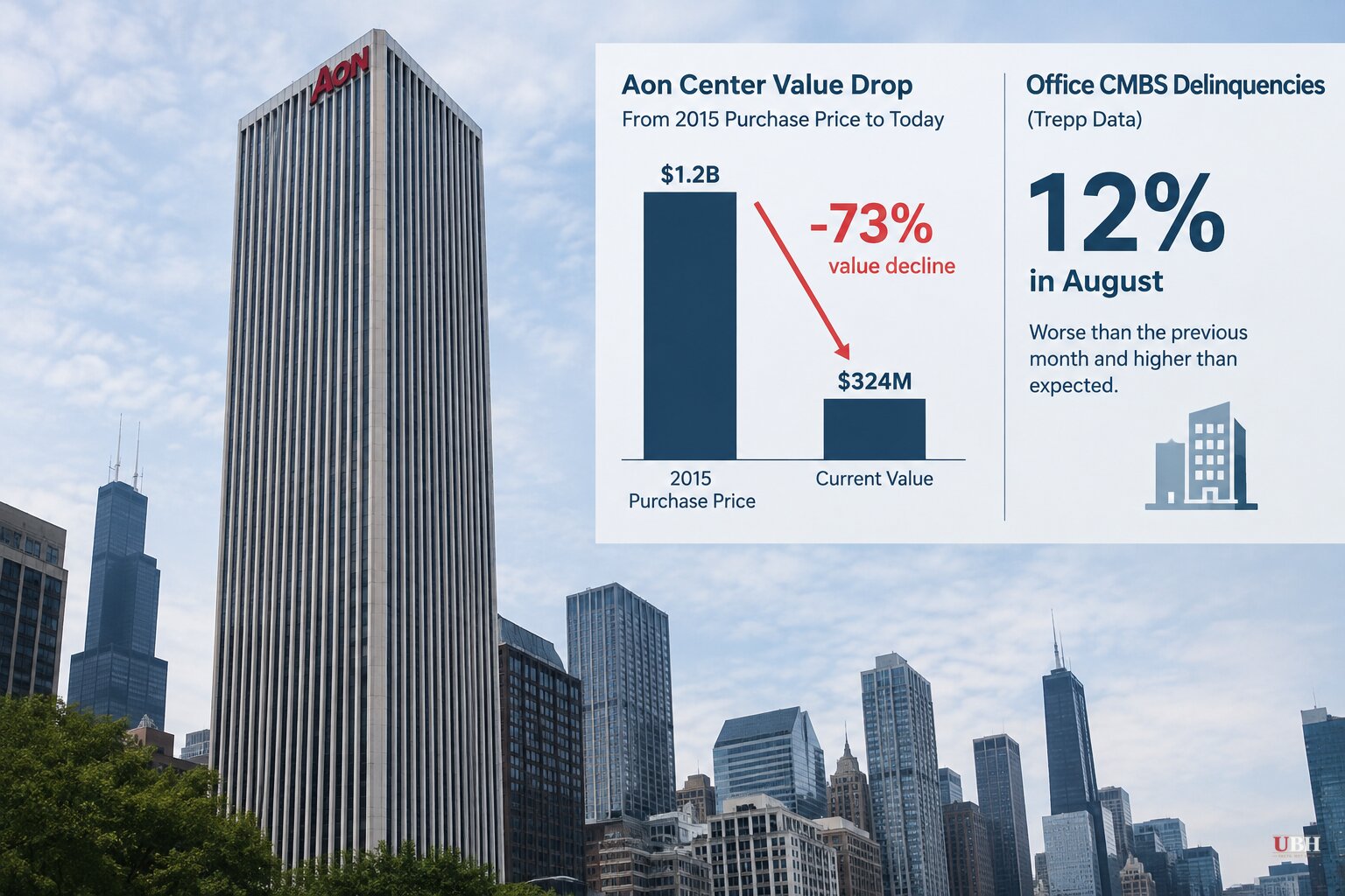 Aon Center Loan Denial Shows Office CMBS Losses Moving From Paper to Real, Trepp Data Hits 12% Delinquency