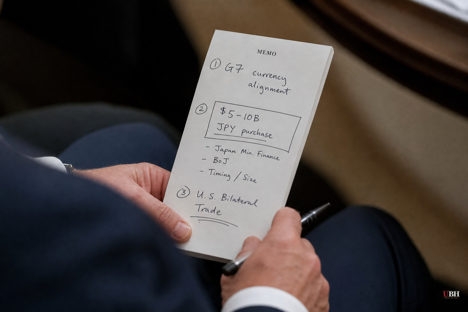 Bessent's Notepad Shows Treasury Weighing $5-10 Billion Yen Purchase