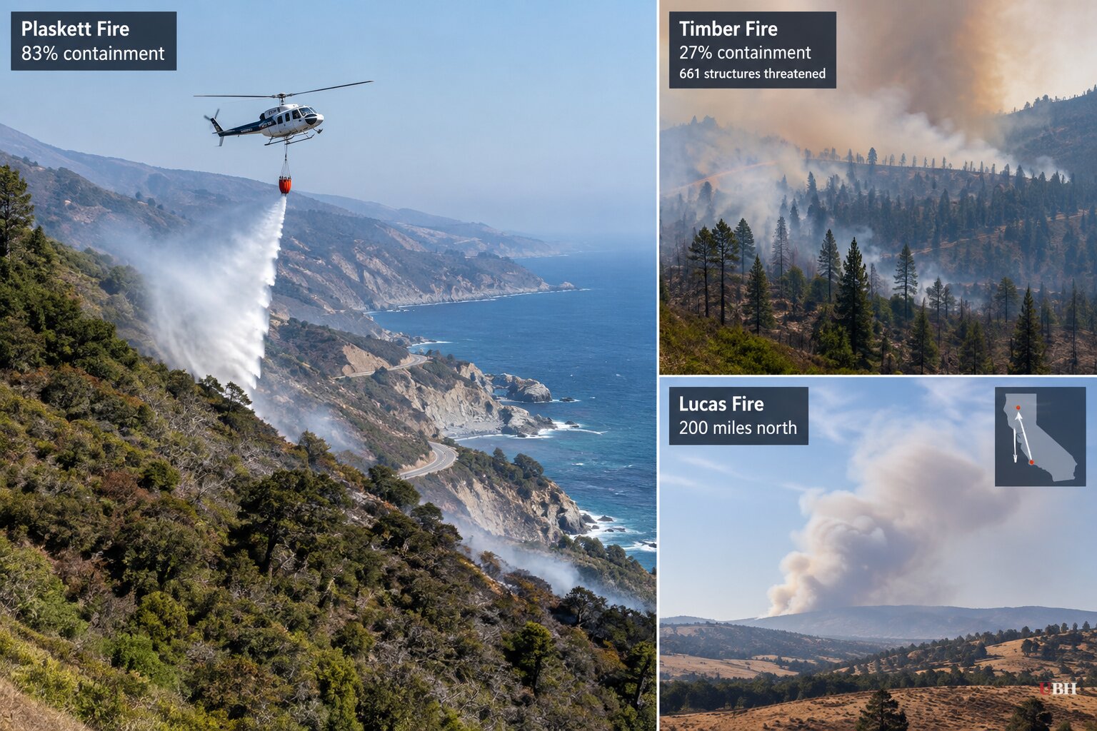 Big Sur's Plaskett Fire Hits 83% Containment While Timber Fire Stalls at 27% After a Month, New Lucas Fire Erupts 200 Miles North