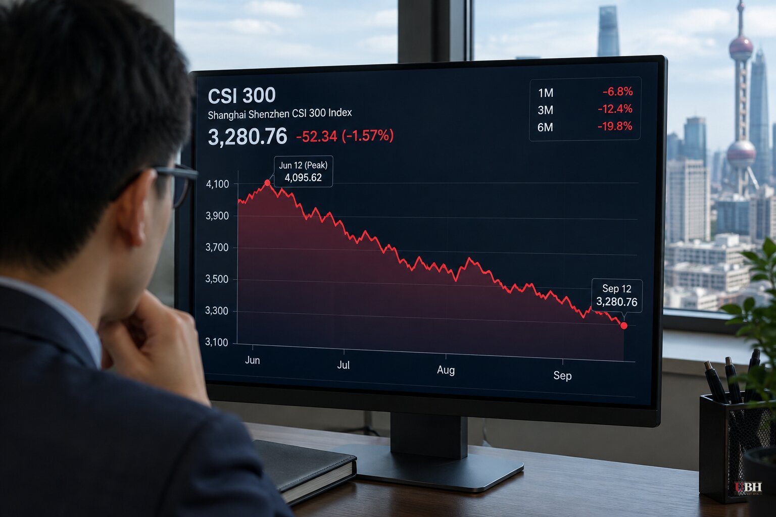 China's CSI 300 Falls About 20% From June Peak After Record 10-Week Losing Streak