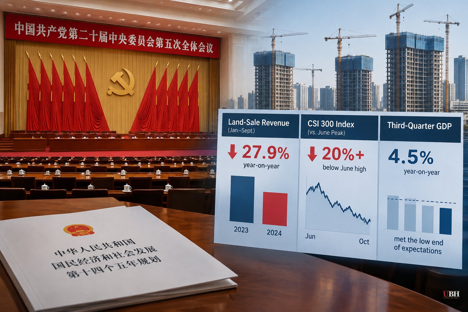 China's Fifth Plenum Opens as Land-Sale Revenue Falls 27.9% and CSI 300 Sits 20% Below June Peak
