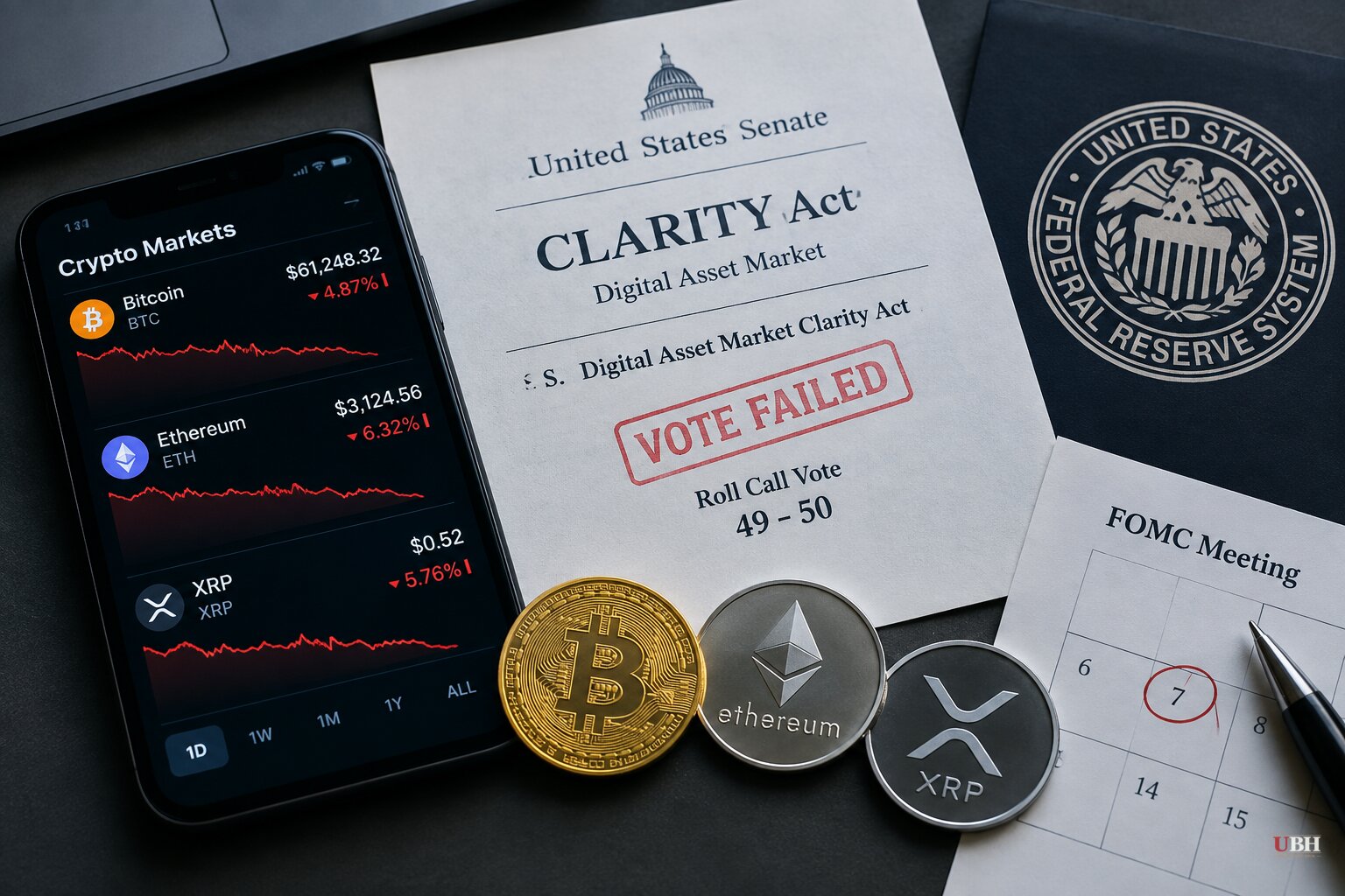 Crypto Slides to Near Four-Week Lows After Senate Kills CLARITY Act, Fed Rate Call Looms