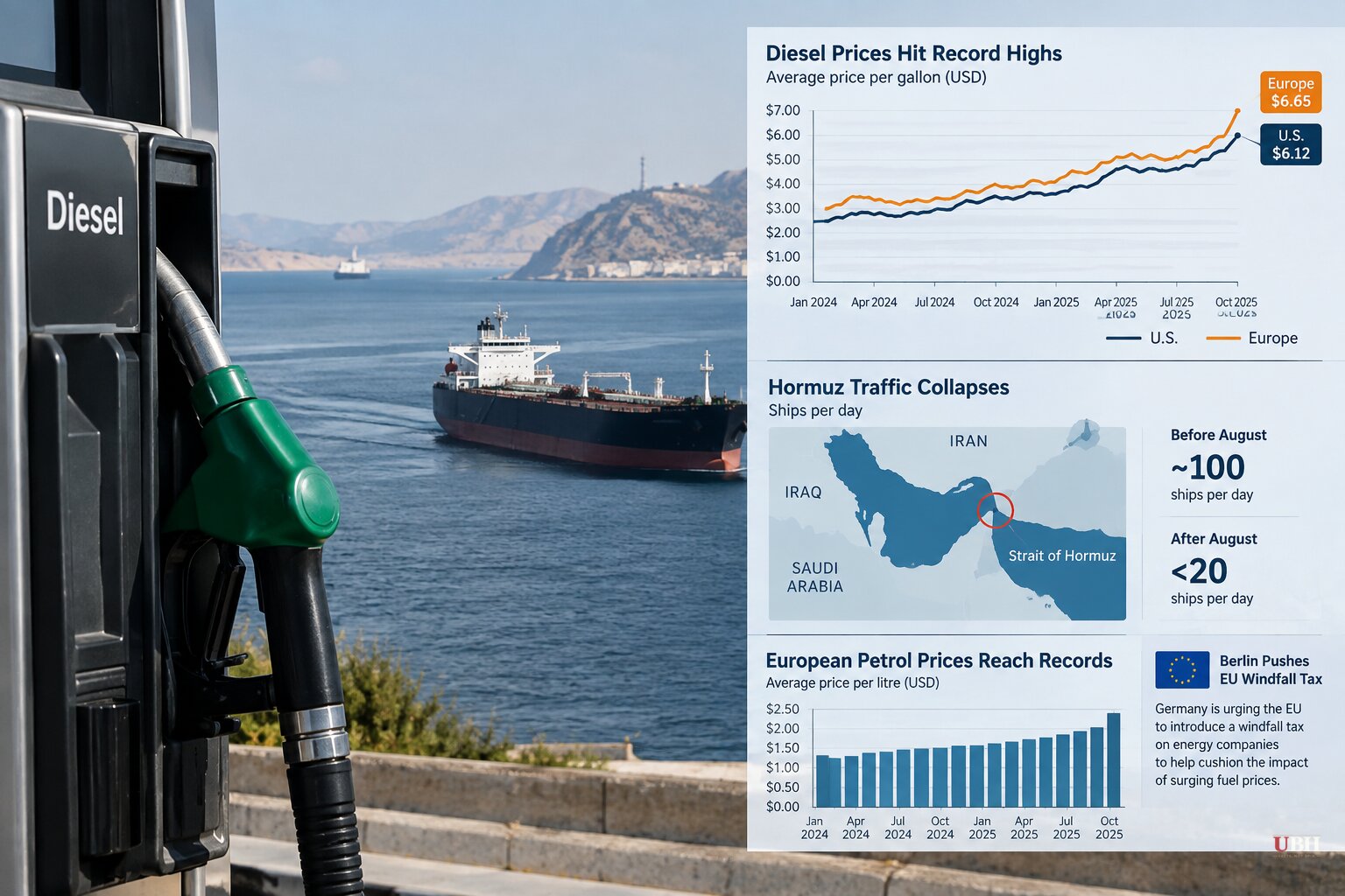 Diesel Tops $6 a Gallon in the U.S. as European Fuel Prices Hit Fresh Records and Berlin Pushes an EU Windfall Tax