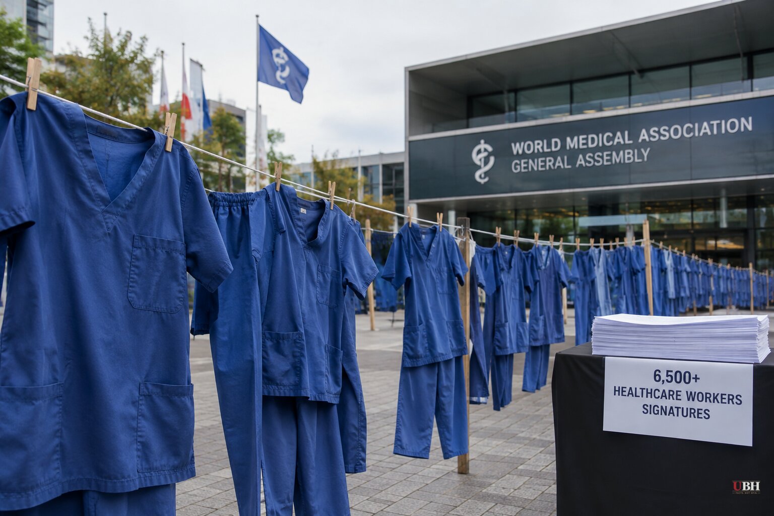 Doctors Hang 81 Empty Scrubs Outside World Medical Association Assembly, Demand Israeli Medical Association Be Suspended