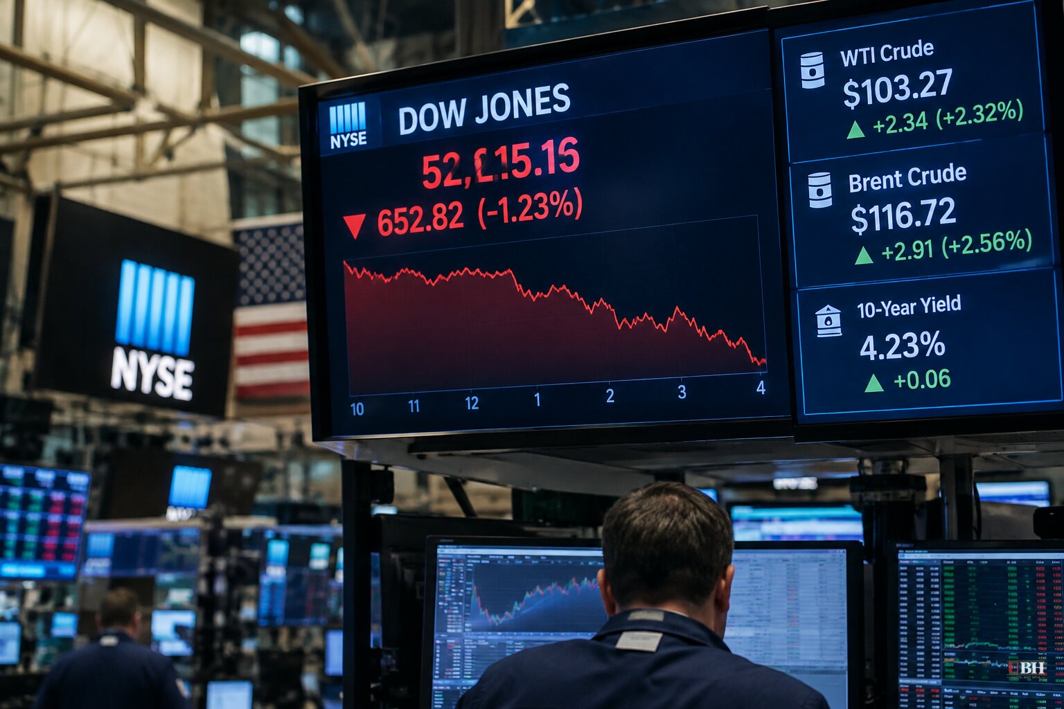 Dow Closes Down 652.82 Points as WTI Settles at $103.27 and Brent Hits Its Highest Since April 29