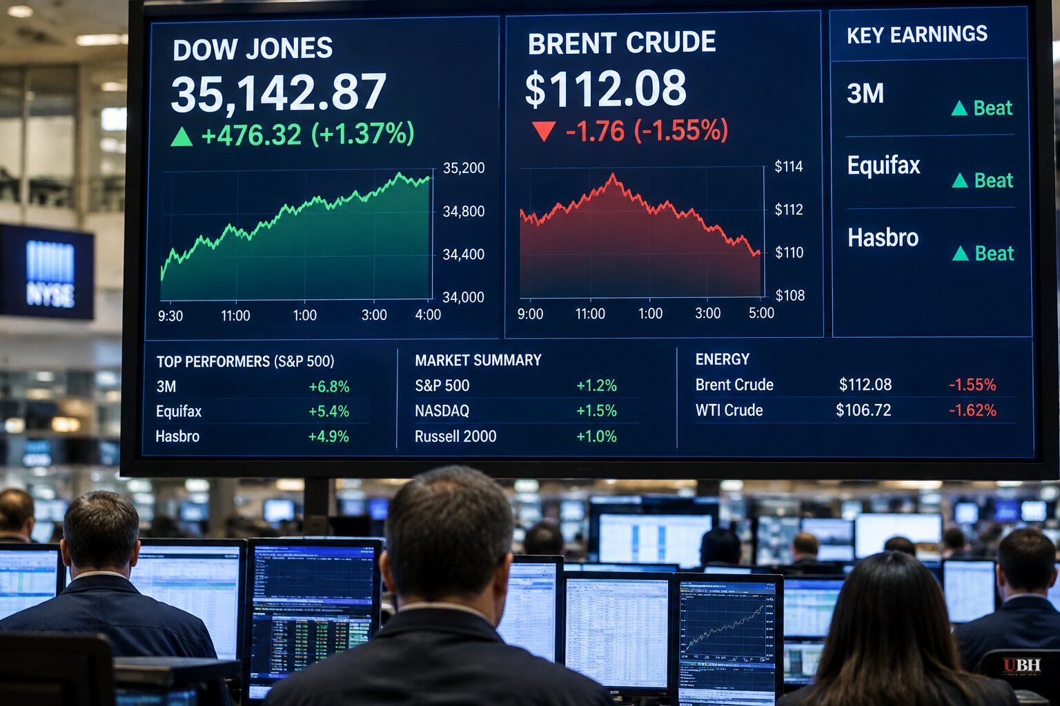 Dow Up More Than 400 Points as Earnings Beats Land and Brent Falls Back From Near $112