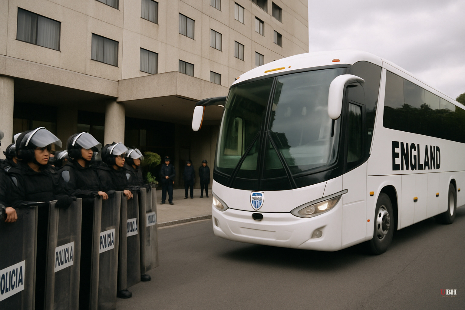 England Arrives at Mexico City Hotel Under Riot Police Guard. The Azteca Awaits Sunday at 6 p.m. Local.