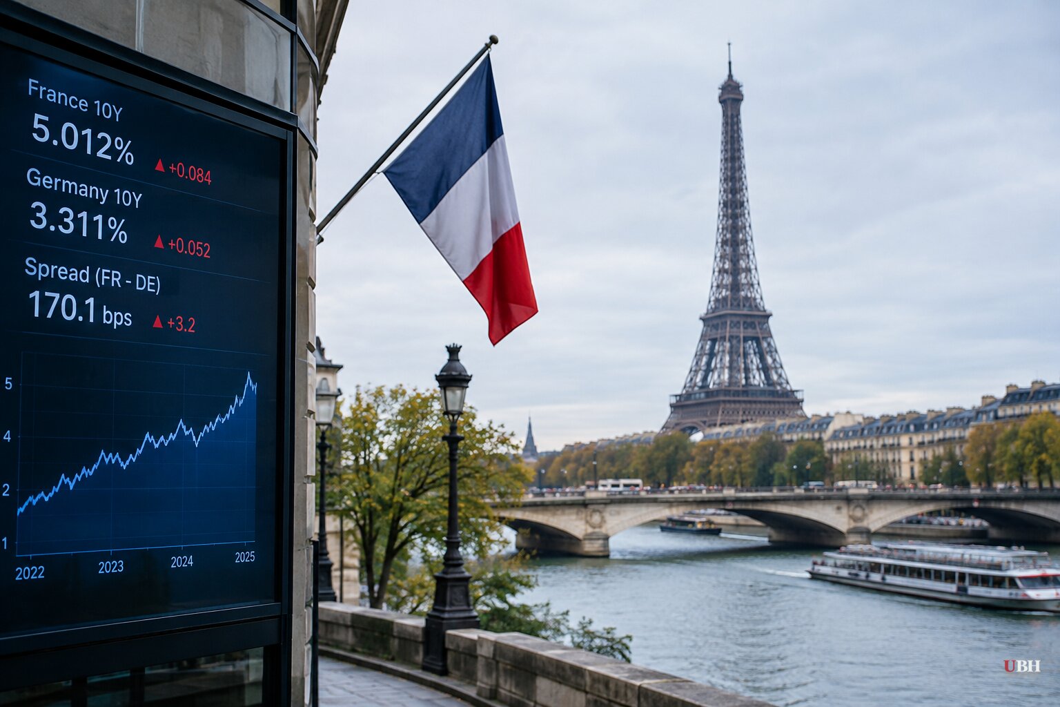 France's 10-Year Yield Passes 5% and Its Spread Over Germany Tops 170 Basis Points as Debt Reaches 119% of GDP