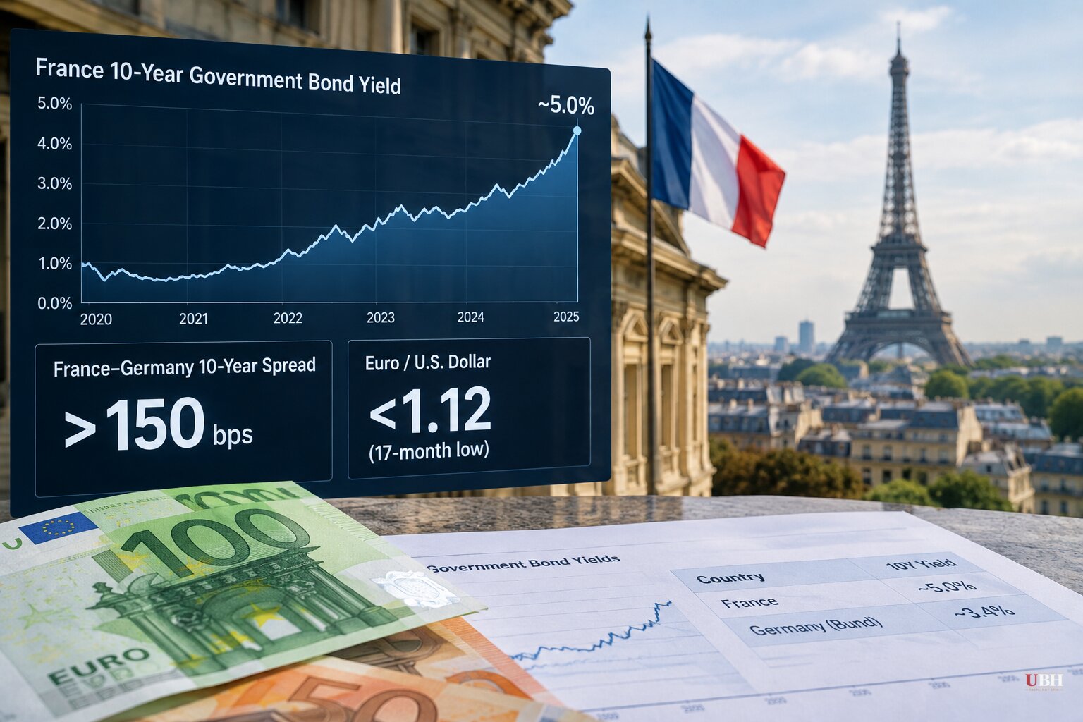 French 10-Year Yield Nears 5%, Spread Over Bunds Tops 150 Basis Points, Euro Hits 17-Month Low