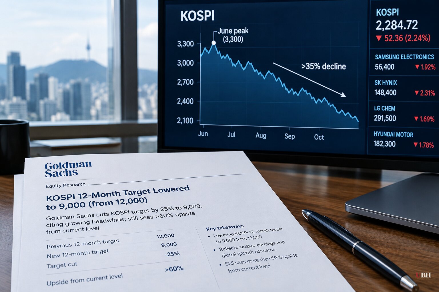 Goldman Cuts Kospi 12-Month Target 25% to 9,000 After Index Drops More Than 35% From June Peak