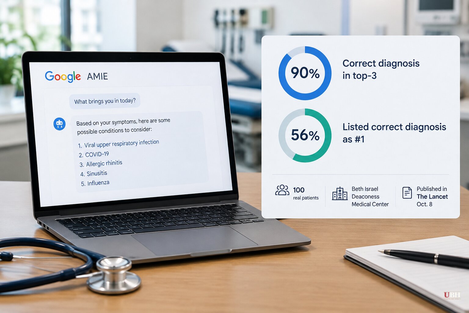 Google's AMIE Chatbot Listed the Right Diagnosis 90% of the Time in 100-Patient Lancet Study, but Ranked It First in 56%