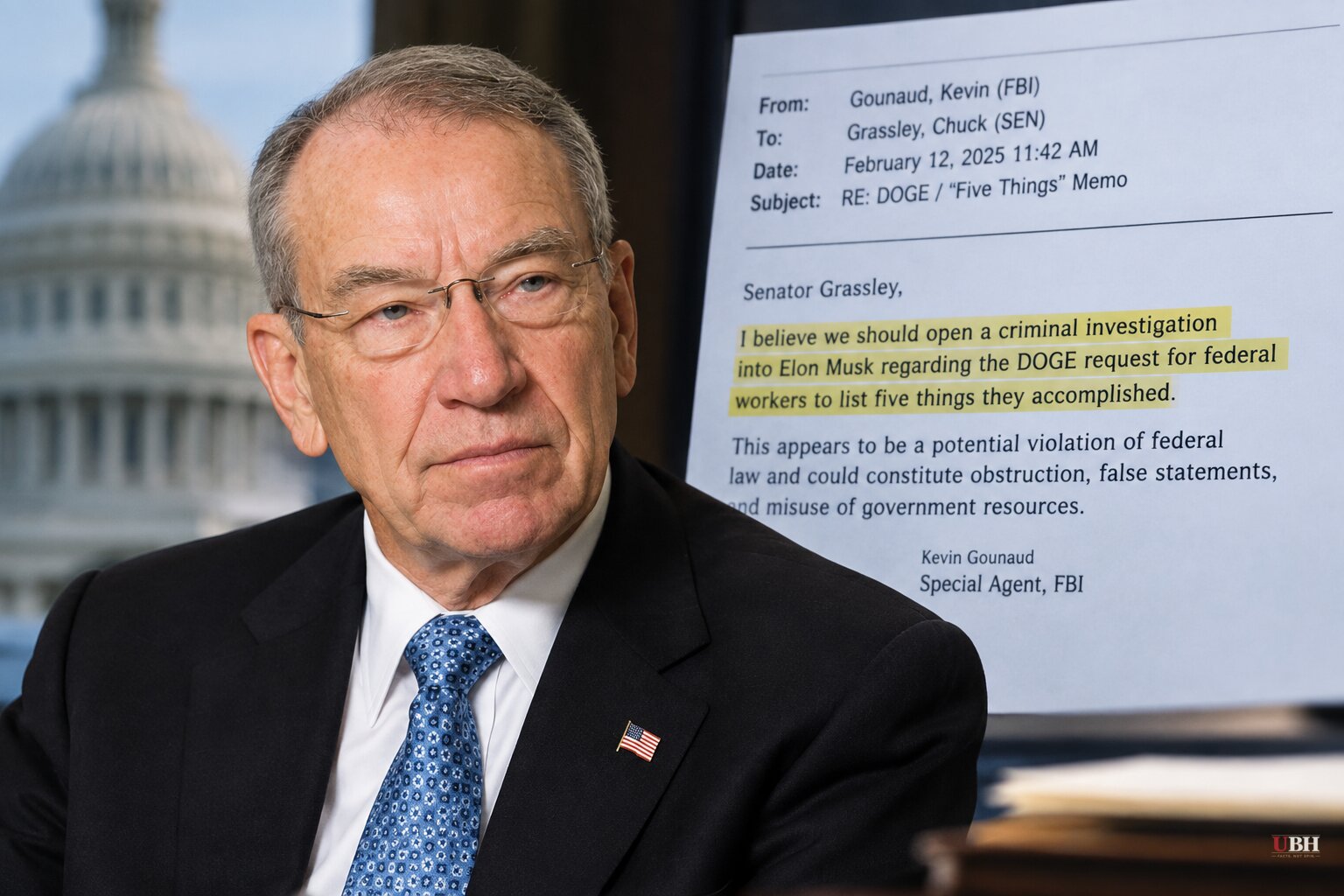 Grassley Releases Email Showing FBI Agent Pushed to Criminally Investigate Musk Over DOGE 'Five Things' Memo