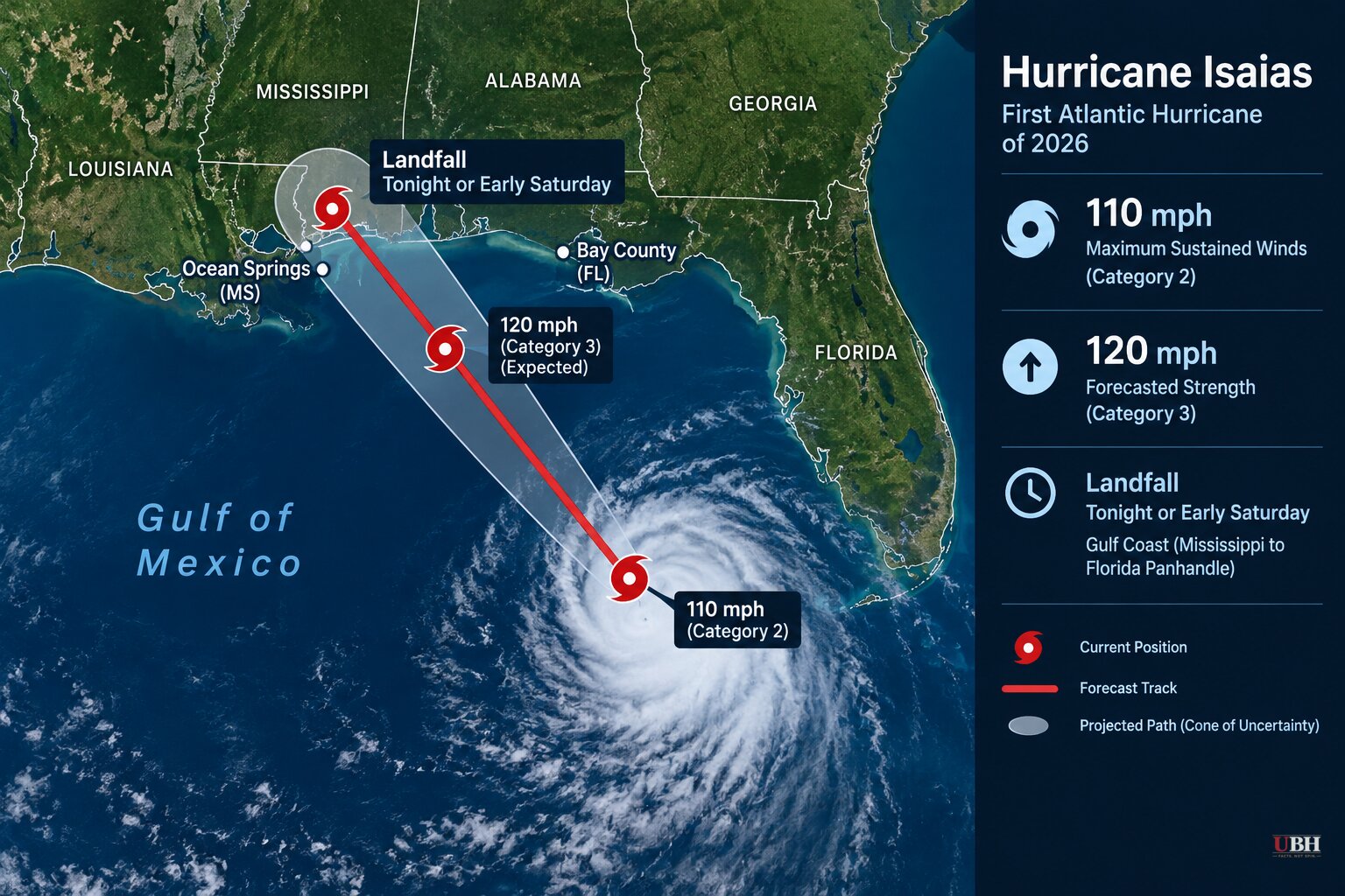 Hurricane Isaias Hits 110 mph, 1 mph Short of Major Status, With Gulf Coast Landfall Expected Tonight or Early Saturday