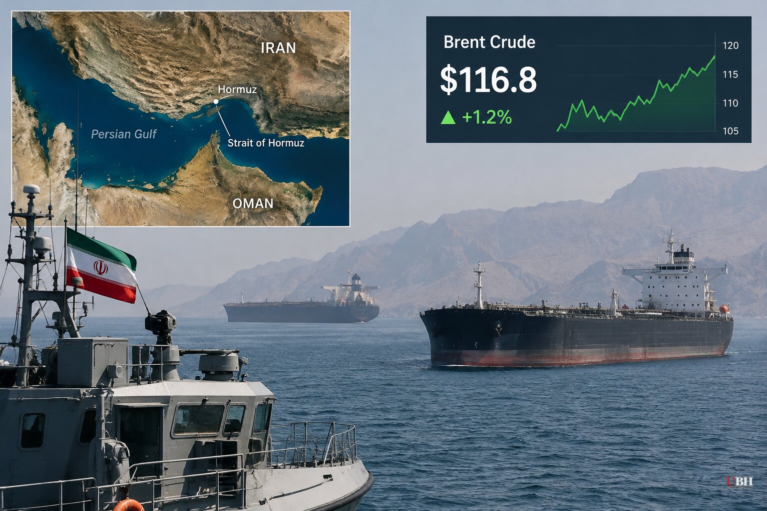 Iran's Guard Reports Tanker Fires in Hormuz, Oman Evacuates 25 Crew, Brent Trades Near $117