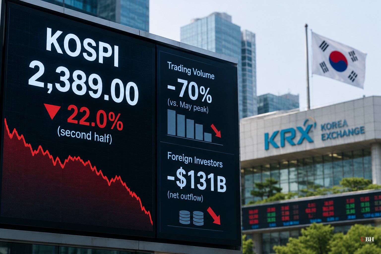 Kospi Down 22% in Second Half as Turnover Falls 70% From May Peak and Foreigners Pull $131 Billion