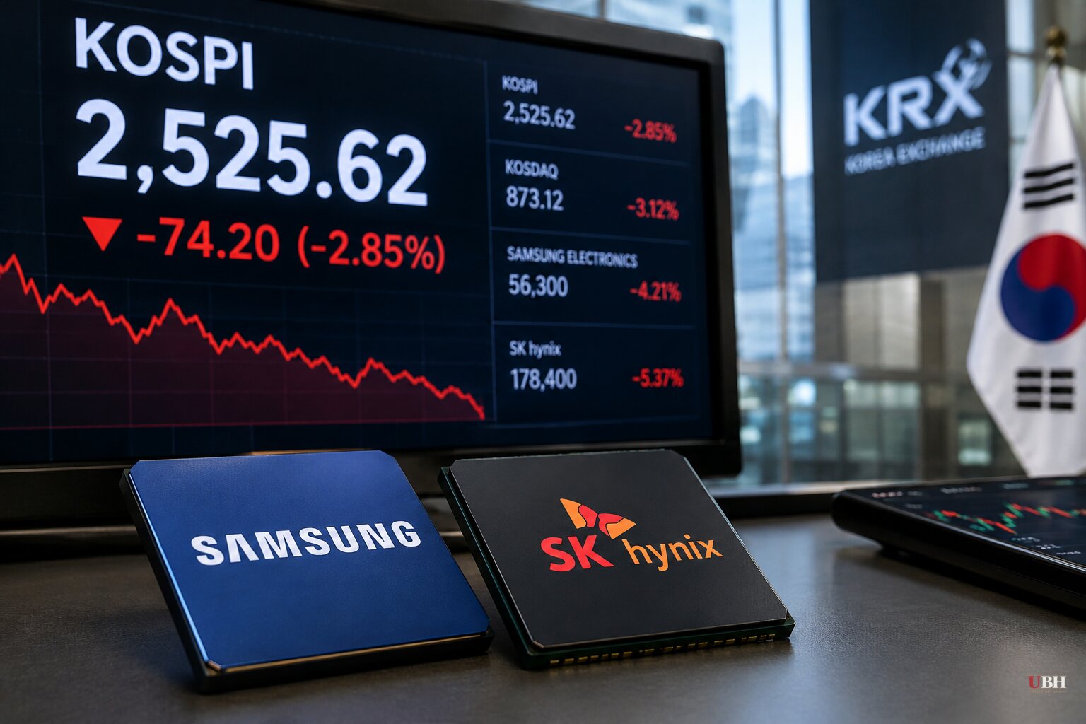 Kospi Falls 2.8% to 3.5% Tuesday as Samsung and SK Hynix Slide Despite Wall Street AI Rebound