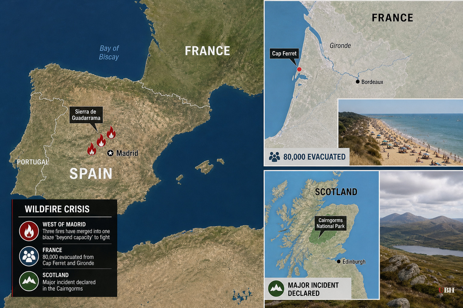 Madrid Wildfire Merges Into One Blaze 'Beyond Capacity' to Fight, Spain Declares National Emergency as Scotland Now Adds a Major Incident in the Cairngorms