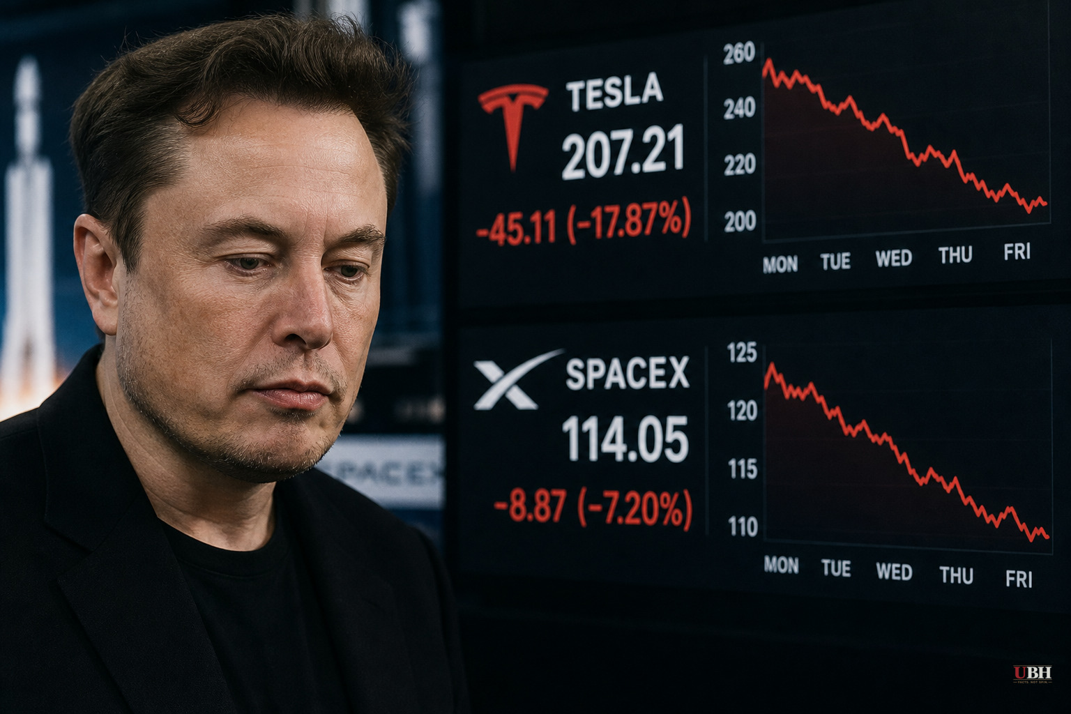 Musk Loses $130 Billion in a Week as Tesla Posts Worst Slump Since 2022 and SpaceX Slides Below IPO Price