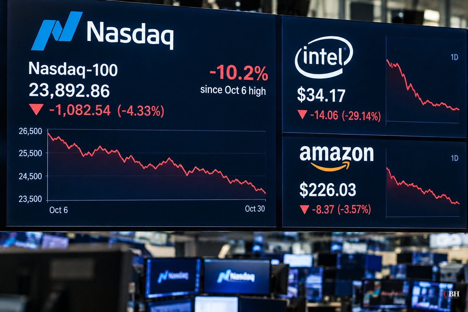 Nasdaq-100 Closes in Correction as Intel Falls 29% and Amazon Capex Tops $77 Billion