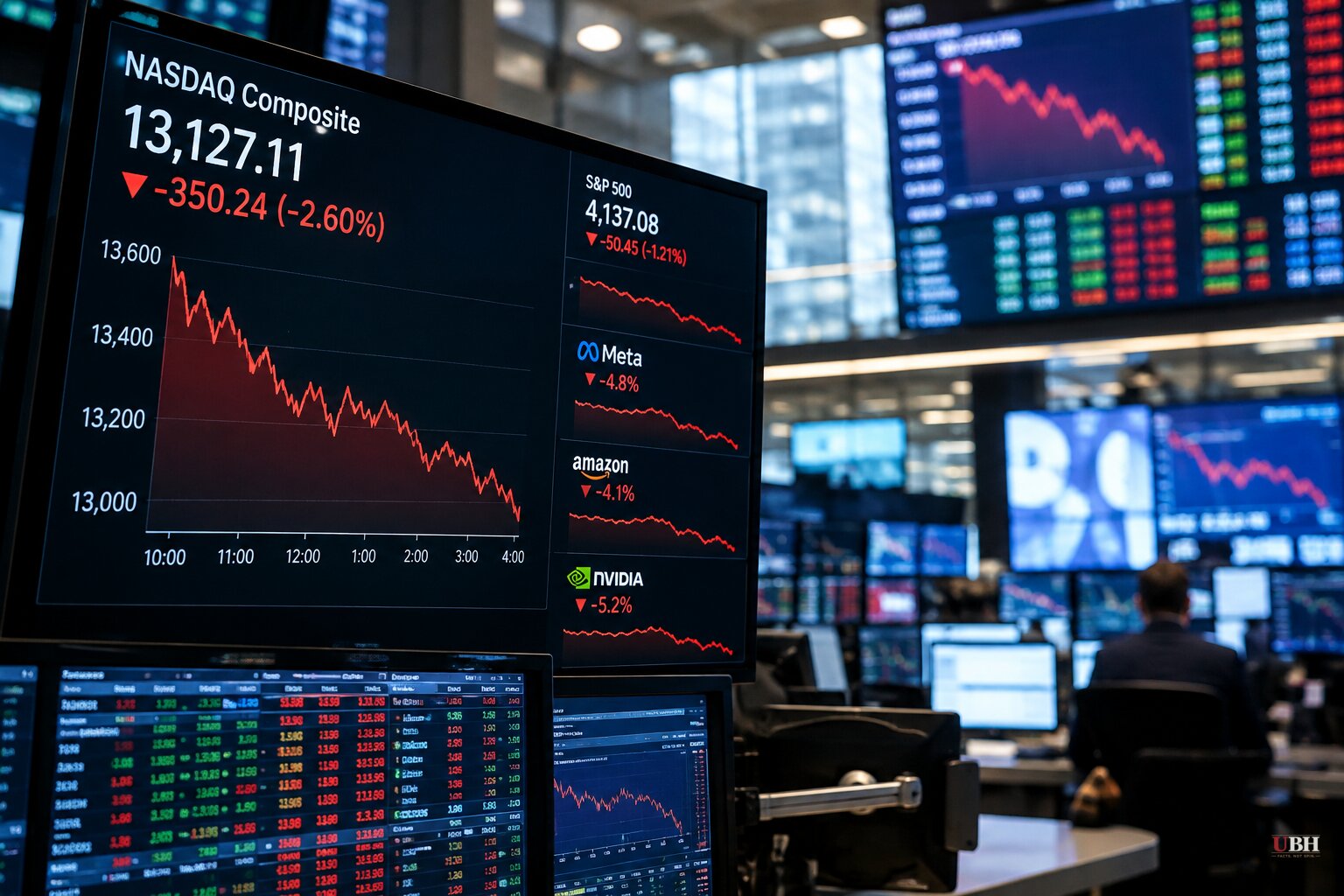 Nasdaq Closes Down 2.6%, Its Worst Day Since June, as Meta, Amazon and Nvidia Fall and Brent Tops $114