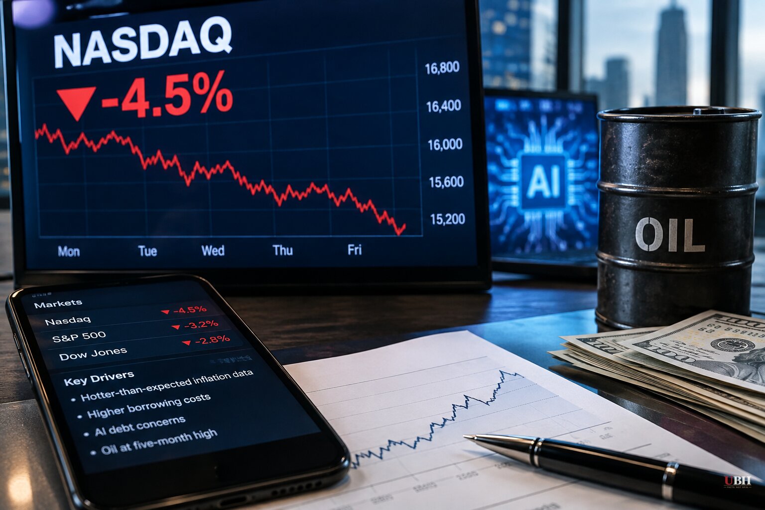 Nasdaq Drops 4.5% in Worst Week Since June as AI Debt Fears Collide With 5% Yields and $110 Oil