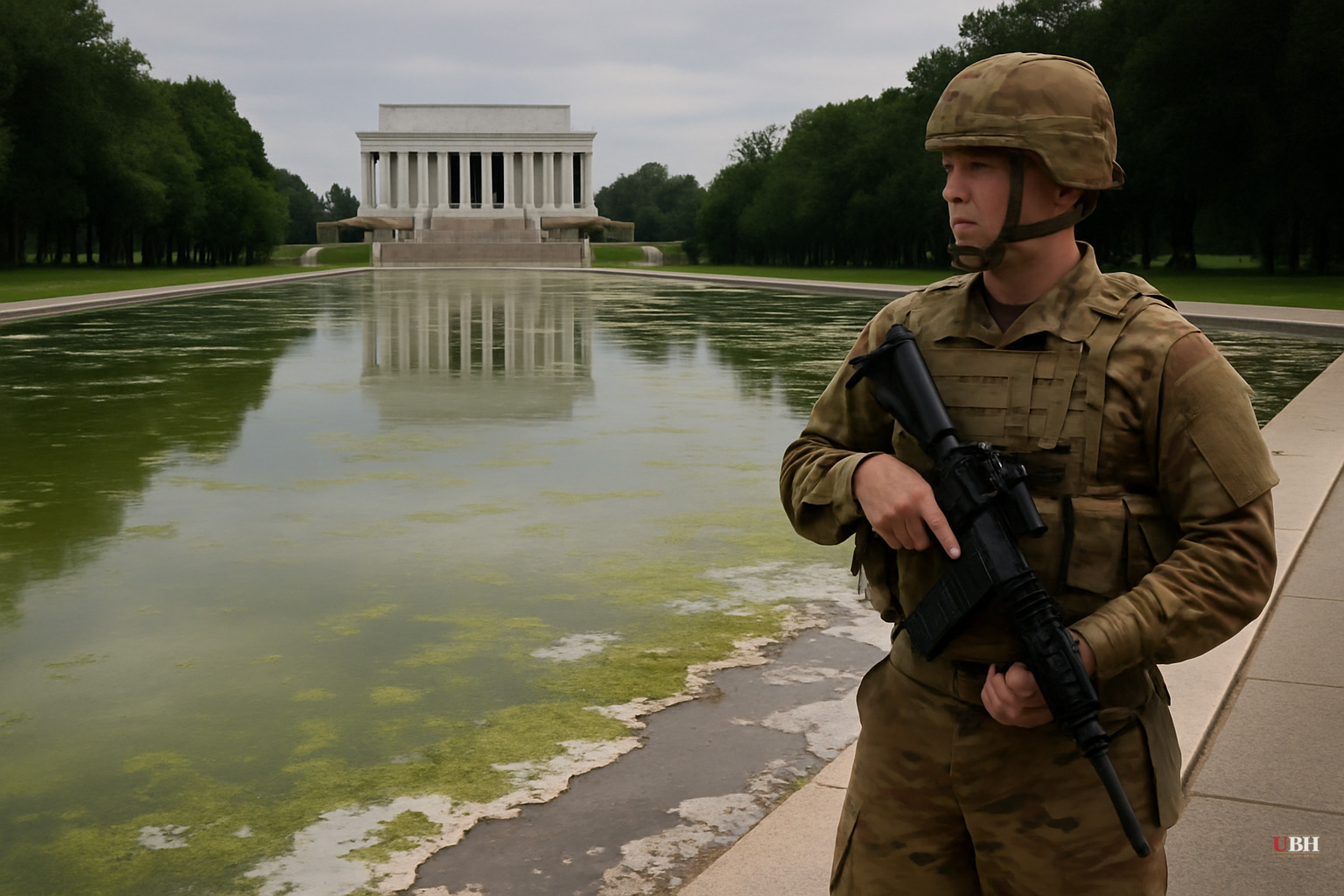 National Guard Deployed at Reflecting Pool After One Arrest. The Algae and Peeling Paint Predate Any Alleged Sabotage.