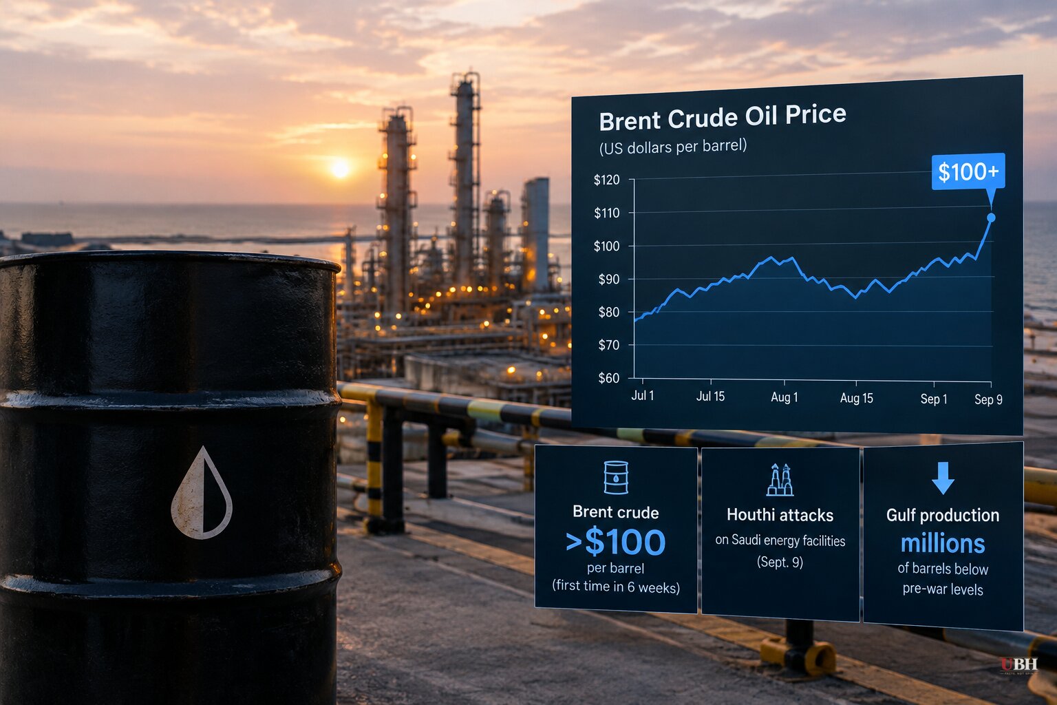 Oil Tops $100 a Barrel Again as Houthi Attacks Hit Saudi Facilities, Gulf Production Still Millions of Barrels Below Pre-War Levels