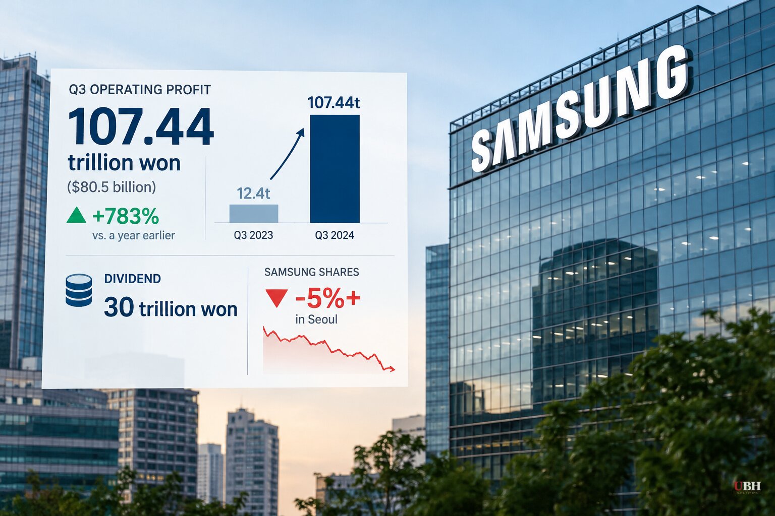 Samsung Posts 107.4 Trillion Won Quarterly Profit and a 30 Trillion Won Dividend. Shares Fall More Than 5% in Seoul