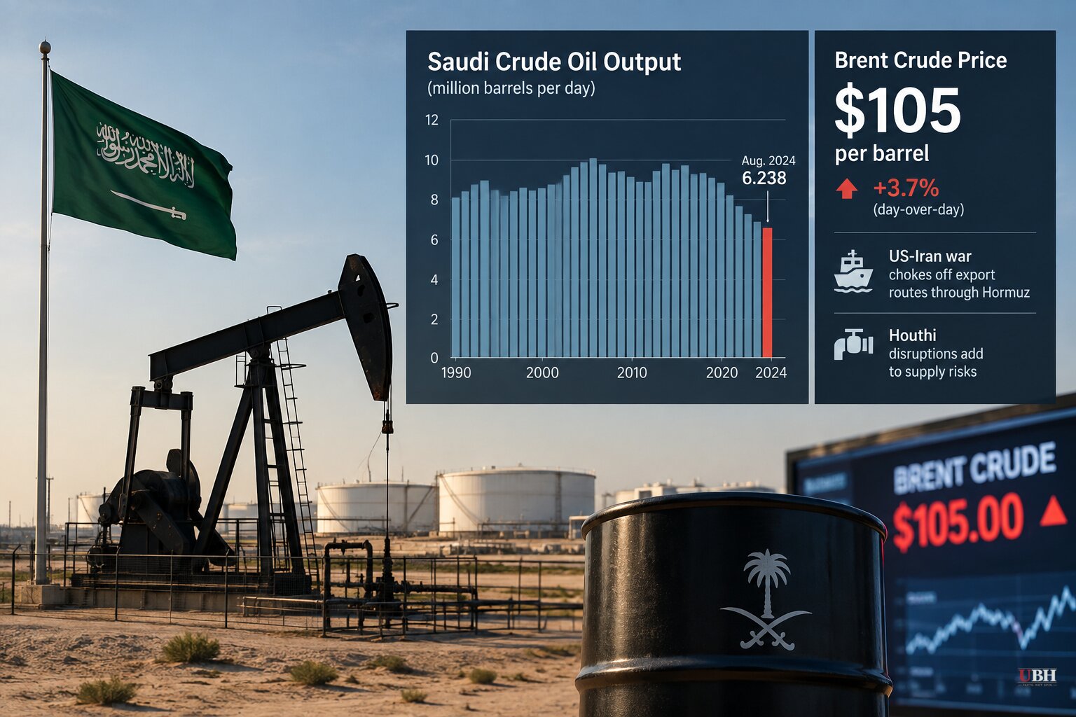Saudi Oil Output Falls to Lowest Level Since 1990 as Brent Crude Spikes to $105