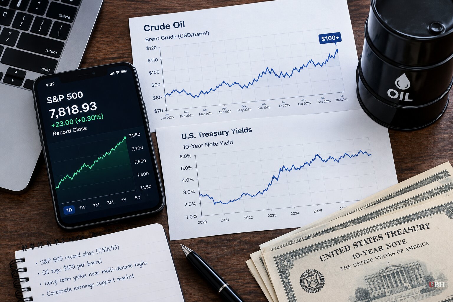 S&P 500 Closes at Record 7,818.93 While Oil Tops $100 and Long-Term Yields Stay Near Multi-Decade Highs
