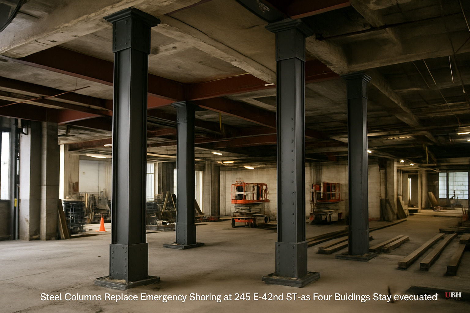 Steel Columns Replace Emergency Shoring at 235 E. 42nd St. as Four Buildings Stay Evacuated and Investigation Escalates