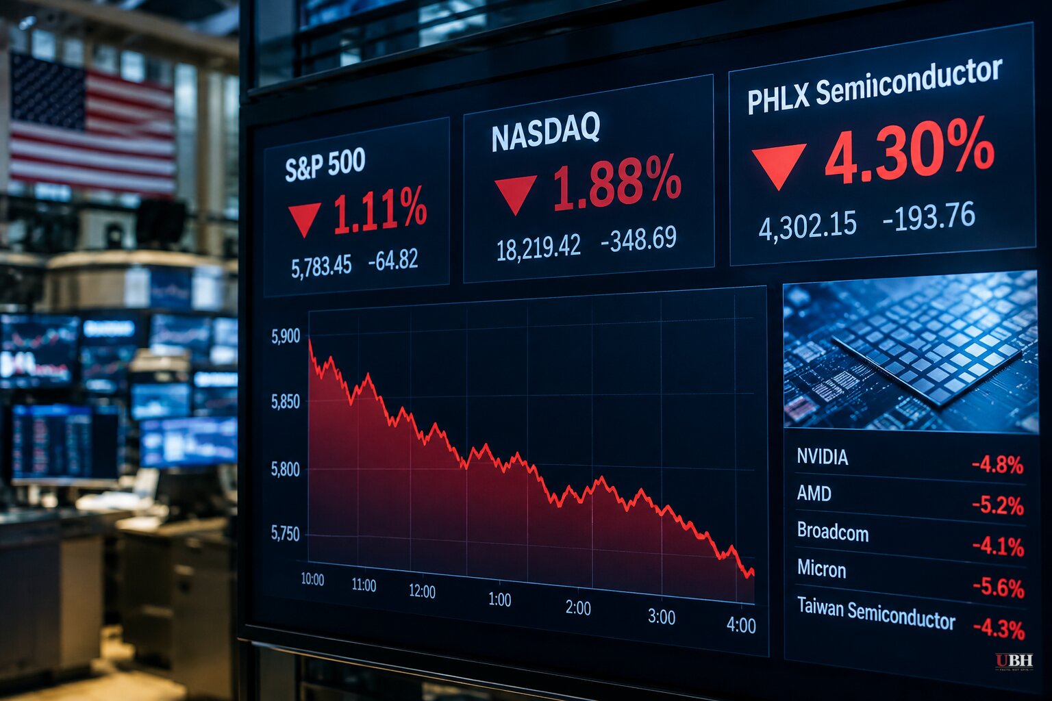 Stocks Close at Worst Levels Since July: S&P 500 Falls 1.11%, Nasdaq 1.88%, Chip Index 4.3%