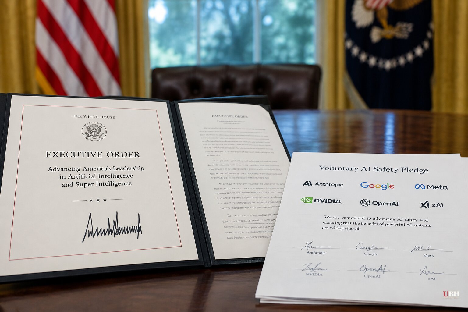 Trump Orders Agencies to Call AI 'Super Intelligence,' Same Week Tech CEOs Sign Voluntary Safety Pledge With No Enforcement