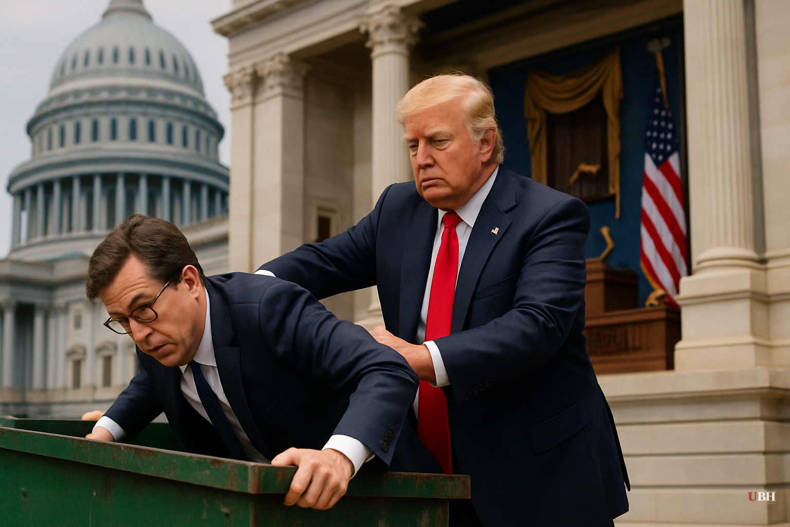 Trump Posts AI Video of Himself Throwing Colbert in a Dumpster — One Day After the Finale