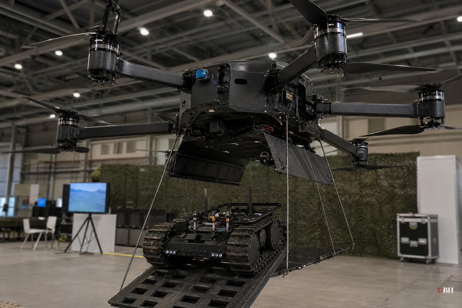 Ukrainian Forces Use Heavy Drone to Airlift Kamikaze Ground Robot Into Front-Line Combat