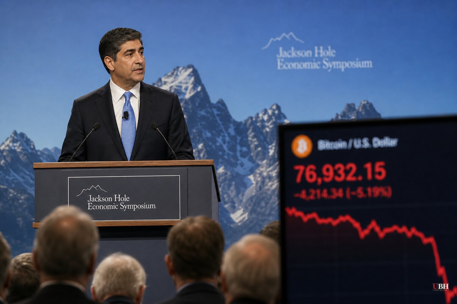 Warsh's First Jackson Hole Speech Sends Bitcoin Below $77,000, Rate-Hike Odds Jump to 60%
